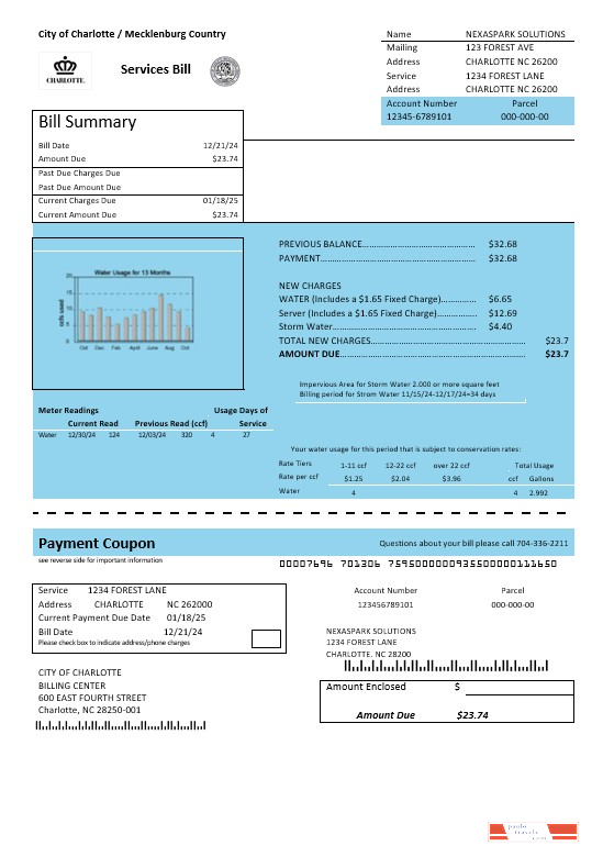 USA North Carolina City of Charlotte water business utility bill template in Word and PDF formats